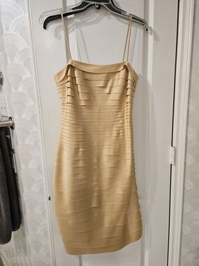 JS Collections Gold Bandage Dress with Spaghetti Straps